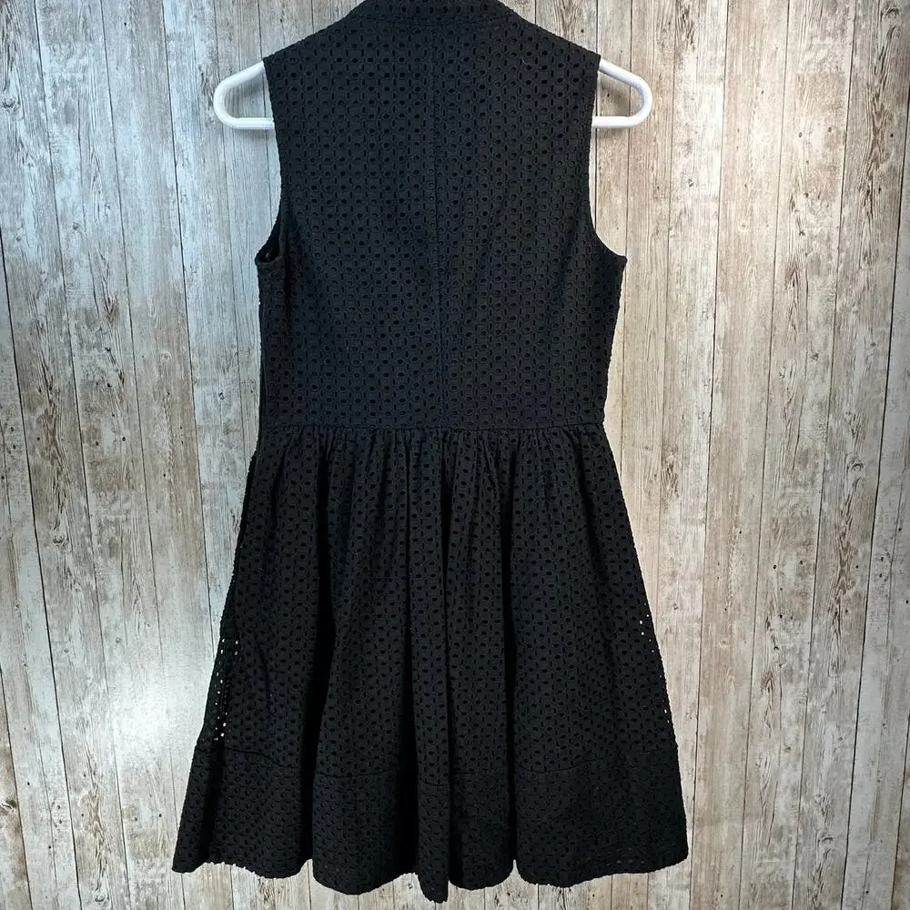 Banana Republic Eyelet Fit Flare Dress Womens 2 Black Split Neck‎ Button Front